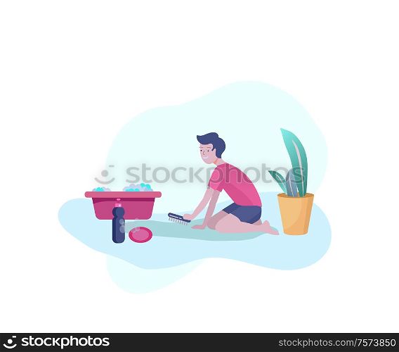 kid helping parents with home cleaning, little boy washing and cleaning carpet and floor. Vector illustration cartoon style. kid helping parents with home cleaning, little boy washing and cleaning carpet and floor. Vector illustration cartoon
