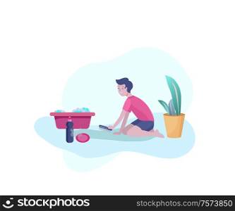 kid helping parents with home cleaning, little boy washing and cleaning carpet and floor. Vector illustration cartoon style. kid helping parents with home cleaning, little boy washing and cleaning carpet and floor. Vector illustration cartoon