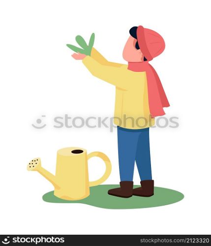 Kid helping with gardening semi flat color vector character. Helping figure. Full body person on white. Winter activity isolated modern cartoon style illustration for graphic design and animation. Kid helping with gardening semi flat color vector character