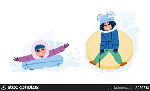kid hill sled vector. snow child, winter childhood, fun sledge, slide play, white cold, happy joy leisure, outdoors kid hill sled character. people flat cartoon illustration. kid hill sled vector