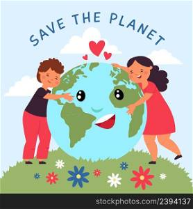 Kid hug planet. Baby hold globe together, cartoon kids with earth concept. Protect environmental and eco green life, children and ecology decent vector scene. Illustration of globe poster activist. Kid hug planet. Baby hold globe together, cartoon kids with earth concept. Protect environmental and eco green life, children and ecology decent vector scene