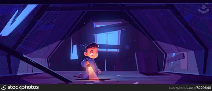 Kid in abandoned house attic at night, little boy in pajama with flashlight explore old mansard room with holes and spider web on roof with wood floor and boarded up window Cartoon vector illustration. Kid in abandoned house attic at night, boy playing