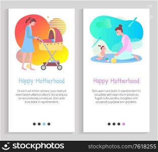 Kid in diaper sitting on floor, mother playing with baby, parent walking with buggy, mom and baby, happy motherhood, family or maternity vector. Website or slider app, landing page flat style. Motherhood Webpage, Mother Caring, Baby Vector