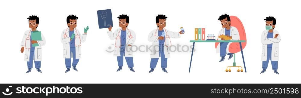 Kid in doctor costume with white coat, stethoscope, glasses and face mask. Vector flat illustration of boy playing professional medic worker with x-ray image, laboratory tools, clipboard and pills. Kid in doctor costume with stethoscope