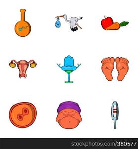 Kid in mother stomach icons set. Cartoon illustration of 9 kid in mother stomach vector icons for web. Kid in mother stomach icons set, cartoon style
