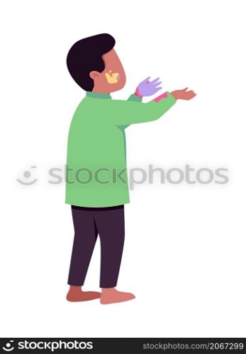 Kid in paint stains semi flat color vector character. Dynamic figure. Full body person on white. Child standing isolated modern cartoon style illustration for graphic design and animation. Kid in paint stains semi flat color vector character