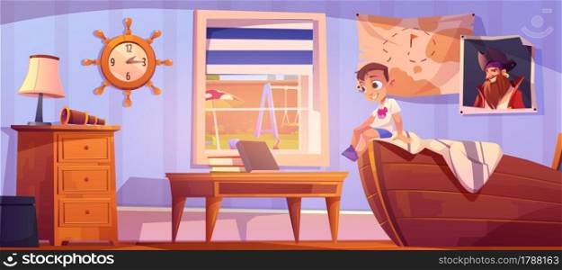 Kid in pirate style bedroom, little boy sitting on ship bed in cozy interior with captain portrait, world map on wall, table with books and filibuster stuff, child room cartoon vector illustration. Kid in pirate style bedroom little boy on ship bed