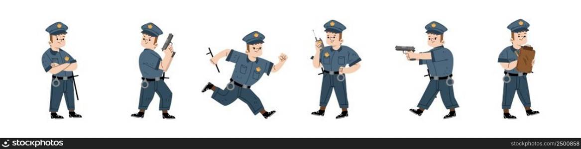 Kid in policeman costume with cap, baton and handcuffs. Vector flat illustration of boy playing police officer with walkie talkie, aiming with gun and write traffic ticket isolated on white background. Kid in policeman costume, boy play police officer