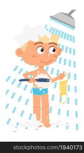 Kid in shower. Cartoon boy washing. Child hygiene. Vector illustration. Kid in shower. Cartoon boy washing. Child hygiene