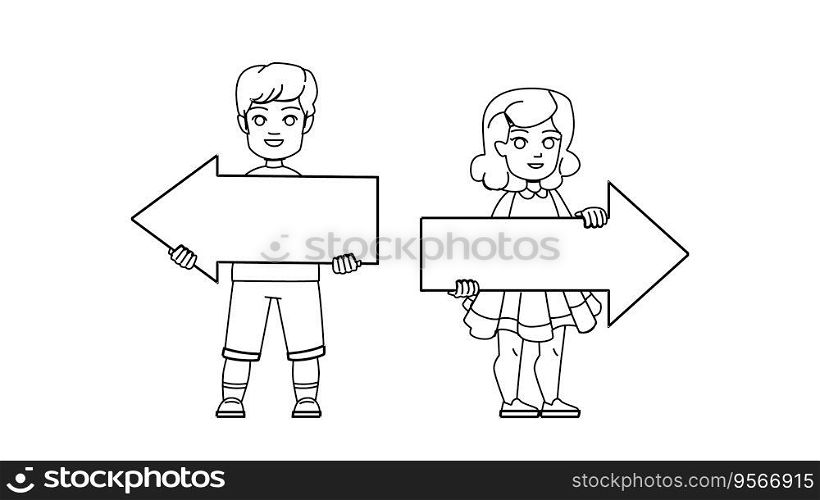 kid left right vector. child hand, boy direction, finger showing, point back, school up kid left right character. people black line illustration. kid left right vector
