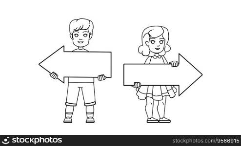 kid left right vector. child hand, boy direction, finger showing, point back, school up kid left right character. people black line illustration. kid left right vector