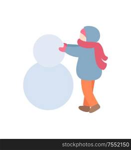 Kid making snowman in warm clothes. Child in down-bed with pink scarf and mittens with hat and colorful trousers, traditionally activity in winter vector. Young Person Making Snowman in Warm Clothes Vector