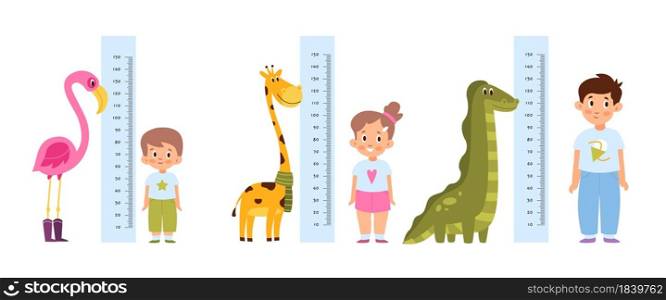 Kid measure height. Different growth and ages children stand near wall-mounted growth meters with funny cute animals decor. Pink flamingo giraffe and dinosaur. Vector cartoon flat isolated concept. Kid measure height. Different growth and ages children stand near wall-mounted growth meters with funny cute animals decor. Pink flamingo giraffe and dinosaur. Vector cartoon concept