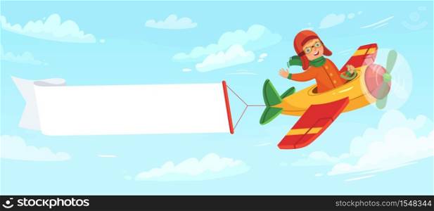 Kid on airplane with banner. Child pilot flying in plane among clouds in sky. Little boy having flight with empty banner with place for text. Aviation transportation vector illustration. Kid on airplane with banner. Child pilot flying in plane among clouds in sky. Little boy having flight