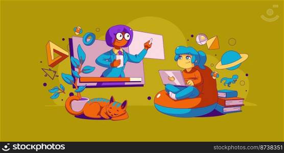Kid online education, virtual school concept with little child student listen lesson on computer screen with teacher explain information remotely. Home schooling linear cartoon vector illustration. Kid online education, virtual school concept