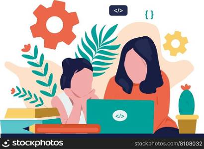 Kid online teaching at home with parent Royalty Free Vector
