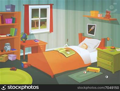 Kid Or Teenager Bedroom In The Moonlight. Illustration of a cartoon kid or teenager bedroom with boy sleeping in the night, containing lifestyle elements, toys, bed, books, desk, bookshelf, and accessories in mess