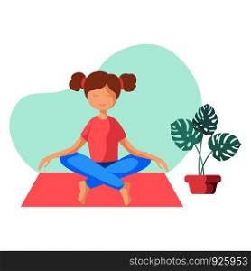 Kid or teenager girl in lotus pose, doing yoga asana, sport exercises and meditation. Cute female character in flat style, vector illustration on white background.. Yoga Different People