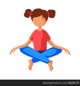 Kid or teenager girl in lotus pose, doing yoga asana, sport exercises and meditation. Cute female character in flat style, vector illustration on white background. Yoga Different People