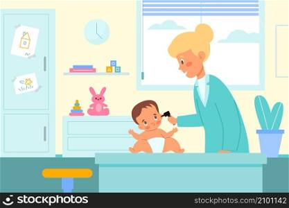 Kid pediatrician examination. Nurse examines baby ears in office. Doctor with little patient. Toddler at medical appointment. Cute infant in diaper. Children medicine and health care. Vector concept. Kid pediatrician examination. Nurse examines baby ears. Doctor with little patient. Toddler at medical appointment. Infant in diaper. Children medicine and health care. Vector concept