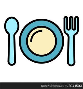 Kid plate, fork, spoon icon. Outline kid plate vector icon color flat isolated. Kid plate, fork, spoon icon color outline vector