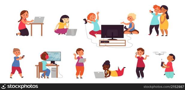 Kid playing computer. Happy friends play games, smartphone gaming. Young phone users, online video or social media addiction decent vector set. Joystick and computer to play entertainment illustration. Kid playing computer. Happy friends play games, smartphone gaming. Young phone users, online video or social media addiction decent vector set