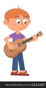 Kid playing guitar. Young musician practice. Cartoon boy isolated on white background. Kid playing guitar. Young musician practice. Cartoon boy