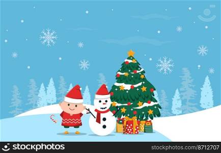 Kid Playing Snowman Pine Tree Winter Christmas Illustration