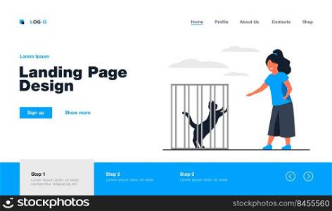 Kid playing with cat in cage. Child visiting shop or shelter and choosing pet. Flat vector illustration. Domestic animal adoption concept for banner, website design or landing web page