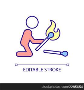 Kid playing with matches RGB color icon. Leaving unattended child at home. Fire hazard. Uninvolved parenting. Isolated vector illustration. Simple filled line drawing. Editable stroke. Arial font used. Kid playing with matches RGB color icon