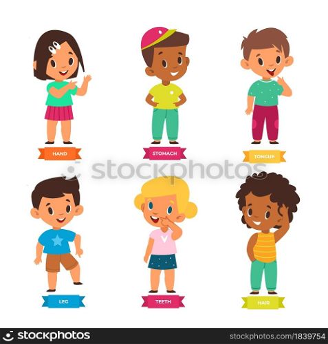 Kid pointing body part. Little funny preschool boys and girls show hands, feet, hair and tummy location, tongue and teeth, toddler education games. Poster for kindergarten. Vector cartoon isolated set. Kid pointing body part. Little funny preschool boys and girls show hands, feet, hair and tummy location, tongue and teeth, toddler education games. Poster for kindergarten. Vector set