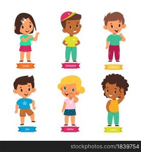 Kid pointing body part. Little funny preschool boys and girls show hands, feet, hair and tummy location, tongue and teeth, toddler education games. Poster for kindergarten. Vector cartoon isolated set. Kid pointing body part. Little funny preschool boys and girls show hands, feet, hair and tummy location, tongue and teeth, toddler education games. Poster for kindergarten. Vector set
