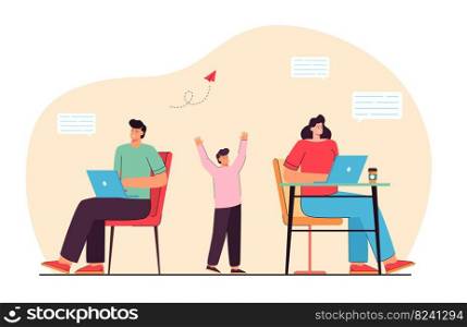 Kid requiring attention from working parents. People chatting via social networks neglecting real communication flat vector illustration. Addiction, social media concept for banner, website design