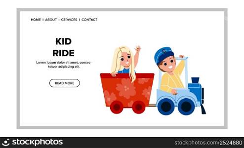 Kid Ride Train Attraction In Amusement Park Vector. Boy And Girl Children Ride Train Togetherness. Characters Enjoyment And Playing On Locomotive Transport Web Flat Cartoon Illustration. Kid Ride Train Attraction In Amusement Park Vector