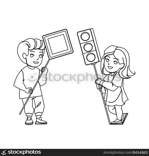 kid road safety vector. child boy girl, traffic street, city ride light kid road safety character. people black line pencil drawing vector illustration. kid road safety vector