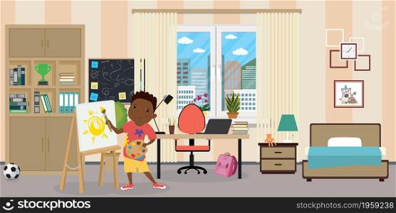 Kid room interior.African american male teen with easel,brush and paints.Home furniture.cartoon vector illustration