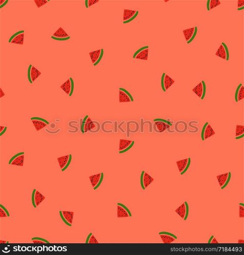 Kid&rsquo;s seamless pattern. Smiling watermelon. Exotic fruit fashion print. Design elements for baby textile or clothes. Hand drawn doodle repeating delicacies. Cute pink tropical wallpaper for children
