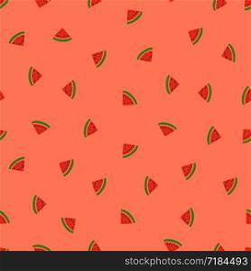 Kid&rsquo;s seamless pattern. Smiling watermelon. Exotic fruit fashion print. Design elements for baby textile or clothes. Hand drawn doodle repeating delicacies. Cute pink tropical wallpaper for children