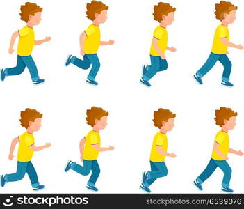 Kid running animation set. Boy in motion. Collection of running boy icons. Animation sprite asset. Sport. Run. Blue trousers, yellow t-shirt. Variety of sport movements. Flat cartoon style. Vector. Running Boy Animation Sprite Set. 8 Frame Loop.. Running Boy Animation Sprite Set. 8 Frame Loop.