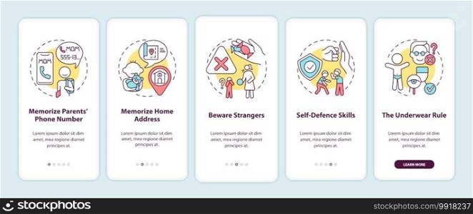 Kid safety onboarding mobile app page screen with concepts. Self-defense skills. Children protection walkthrough 5 steps graphic instructions. UI vector template with RGB color illustrations. Kid safety onboarding mobile app page screen with concepts