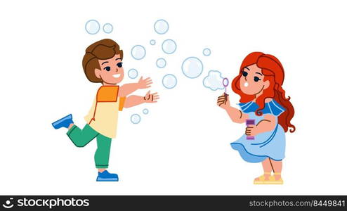 kid soap bubbles vector. child girl boy, happy spring park, little blowing baby kid soap bubbles character. people flat cartoon illustration. kid soap bubbles vector