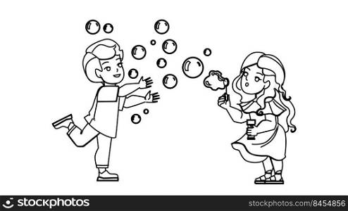 kid soap bubbles vector. child girl boy, happy spring park, little blowing baby kid soap bubbles character. people black line pencil drawing vector illustration. kid soap bubbles vector