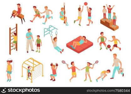 Kid sport isometric set with isolated human characters of teenage children doing various kinds of sport vector illustration