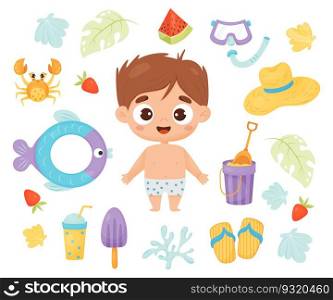 Kid summer time. Happy boy beachgoer with beach accessories, rubber circle, ice cream, cocktail, watermelon, sand bucket, straw hat, crab and shells. Isolated vector illustration in cartoon style