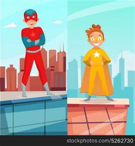 Kid Superhero Vertical Banners. Kid superhero vertical banners with boy and girl on building roof on city background isolated vector illustration