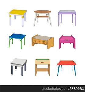 kid table set cartoon. desk child, room school, wooden space, home education, interior kid table vector illustration. kid table set cartoon vector illustration