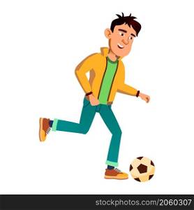 kid teen boy playing football, kid boy. kick ball. sport team. vector flat cartoon illustration. kid teen boy playing football vector