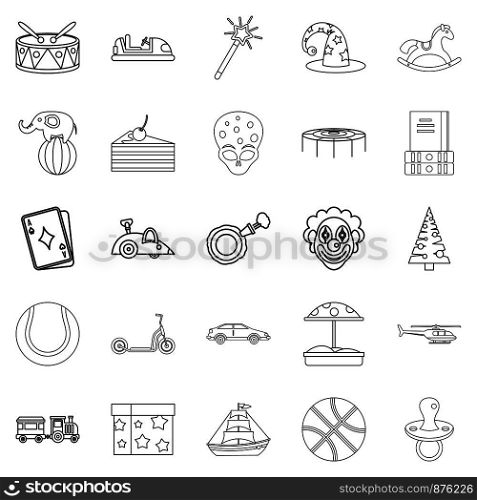 Kid things icons set. Outline set of 25 kid things vector icons for web isolated on white background. Kid things icons set, outline style