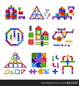 Kid toy building kit or constructor toys flat icons. Vector isolated set of construction house, rocket or train and car, helicopter or airplane and and puzzle pipes. Kid toy constructor building kit for children playthings vector flat icons