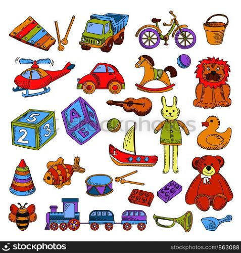 Kid toys and children playthings collection for kindergarten girls and boys. Vector isolated icons set of ball, doll or car and bear with rabbit, ship or gun and rocket or tank and musical instruments. Kid toys or children playthings vector flat icons collection